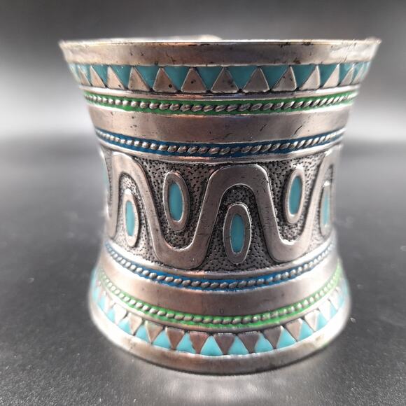 Vintage Turquoise Enamel Curved Cuff Bracelet, 2 1/2 In Wide, Silver Tone - Picture 5 of 10